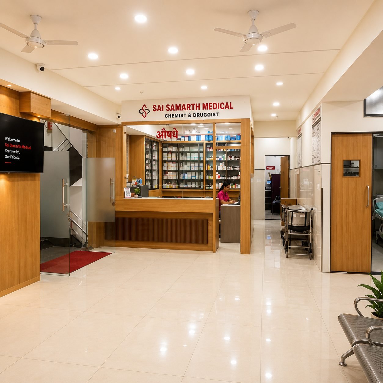 Sai Samarth Medical pharmacy counter inside the hospital